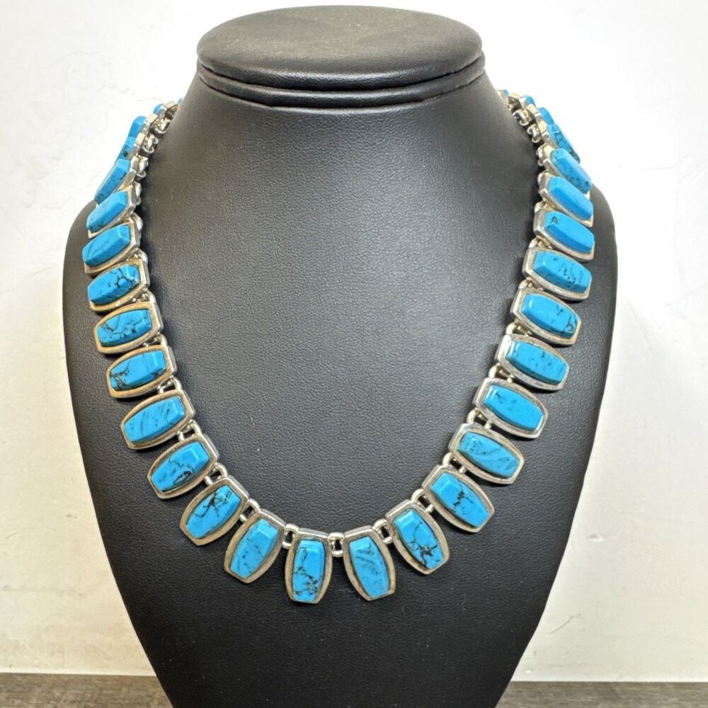 Vtg Taxco Mexico TC-85 Heavy Sterling Silver Turquoise 18” Link Necklace 160gr